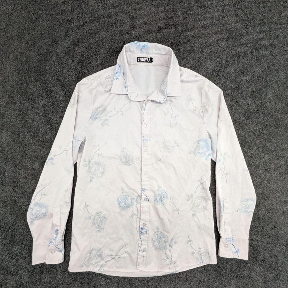 ZEROYAA Shirt Mens M White Blue Floral Rose Print Button Down Long Sleeve Shirt